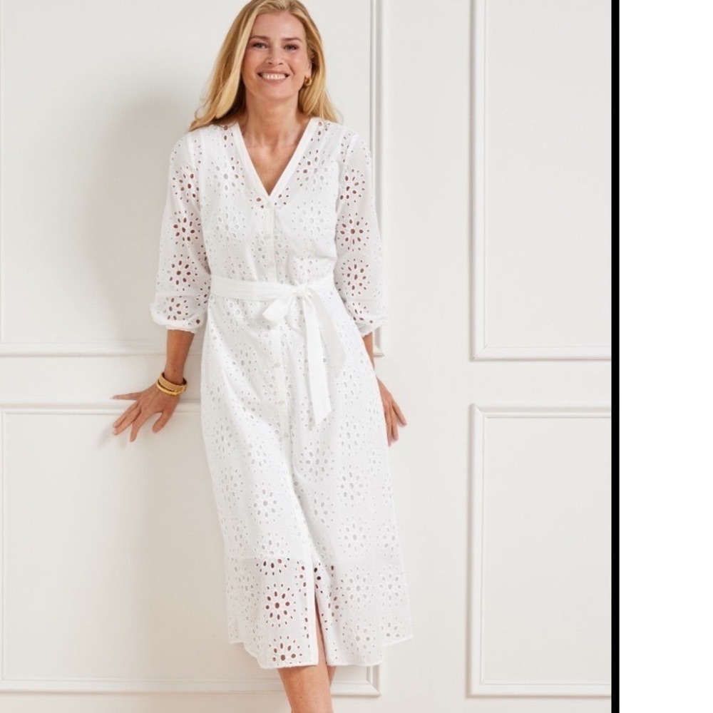Talbots‎ Eyelet Medallion Shirtdress White Midi Size 8 summer spring vacation